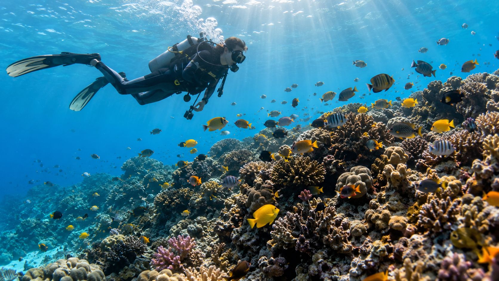 A scuba diver swimming gracefully over a vibrant coral reef filled with colorful tropical fish underwater.