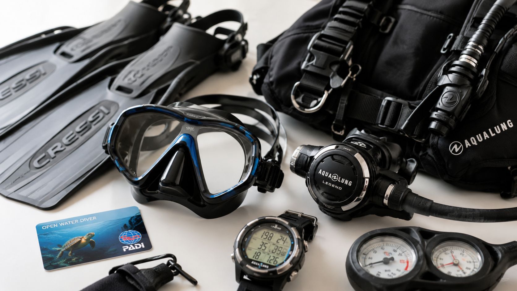 A complete set of scuba diving gear including fins, mask, regulator, and a PADI certification card.