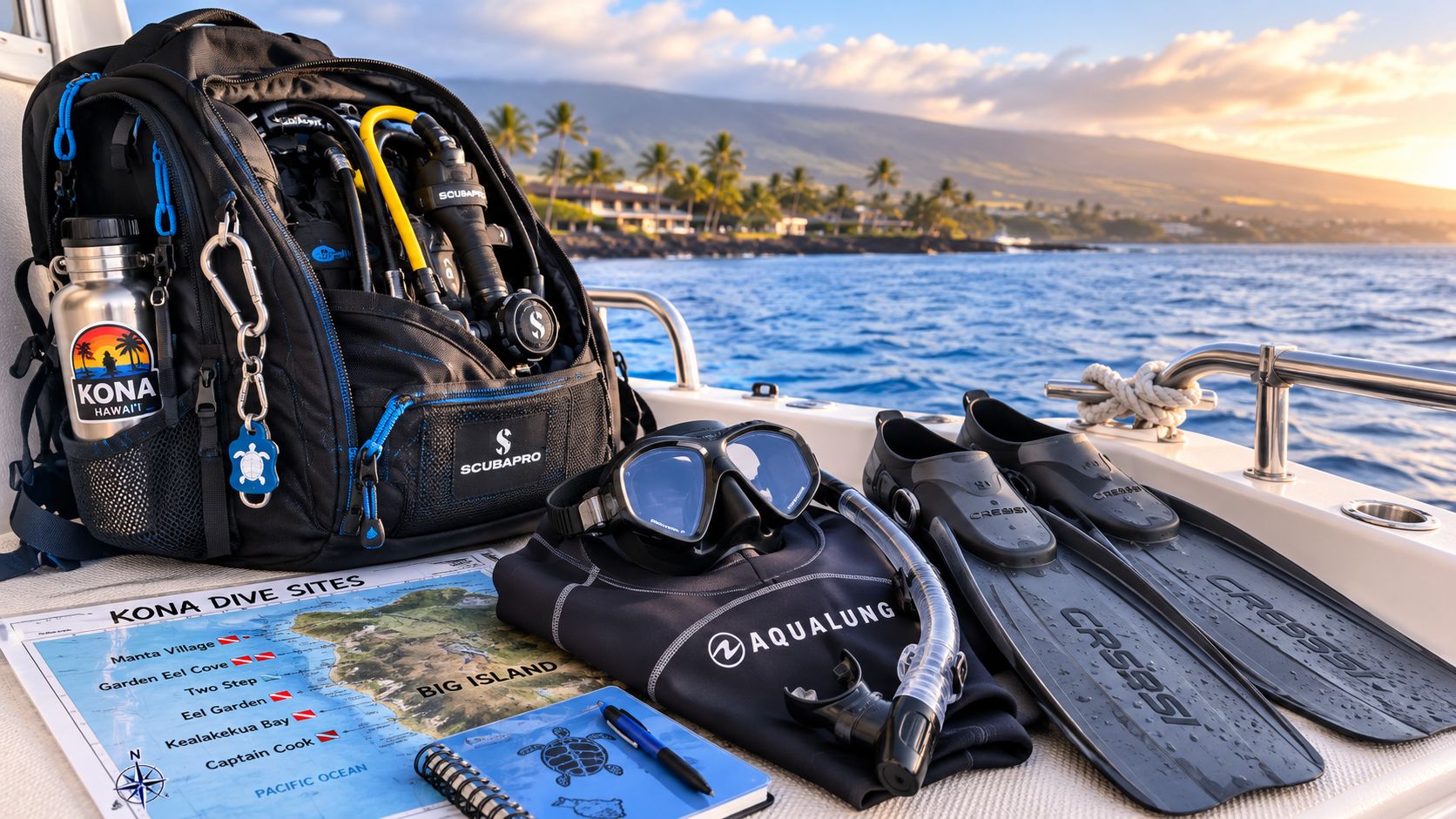 Scuba diving equipment including a gear bag, mask, fins, and a Kona dive site map on a boat.