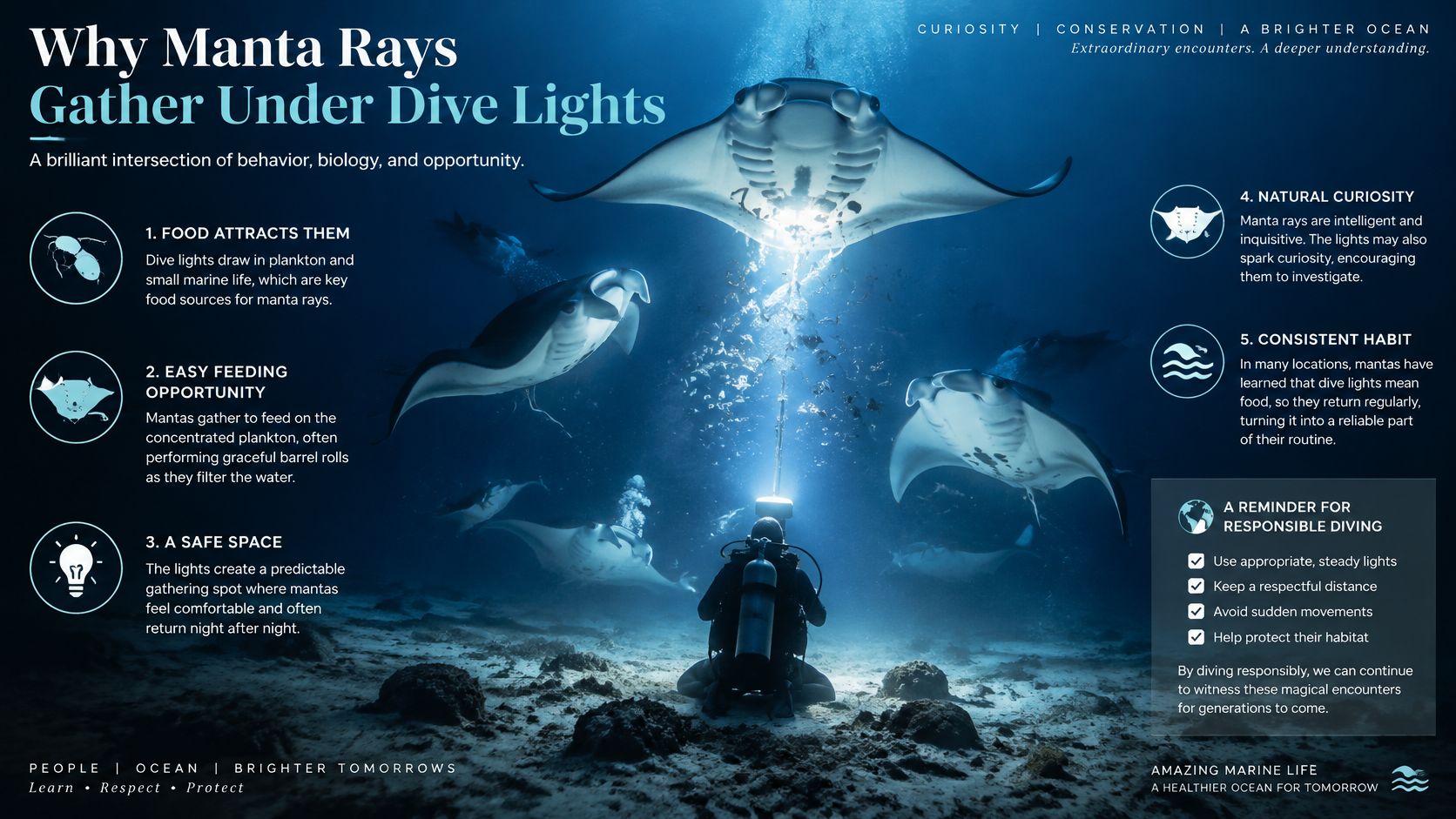 A group of manta rays swimming near a scuba diver using bright lights during a night dive.