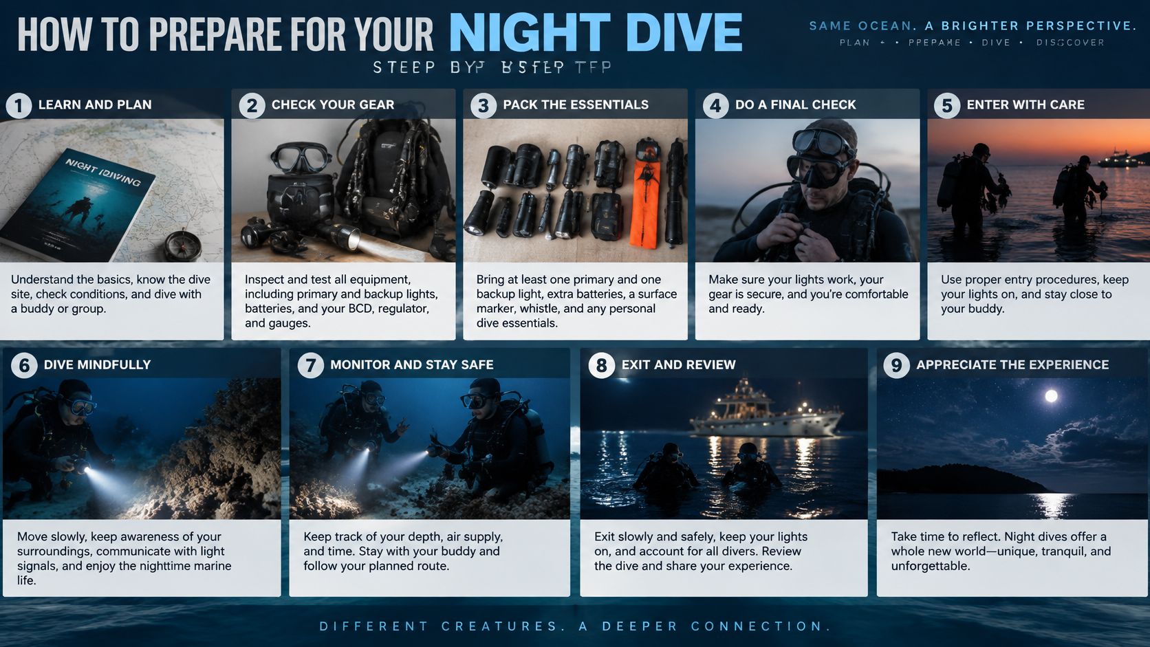 An infographic titled How to Prepare for Your Night Dive illustrating nine essential steps for scuba divers.