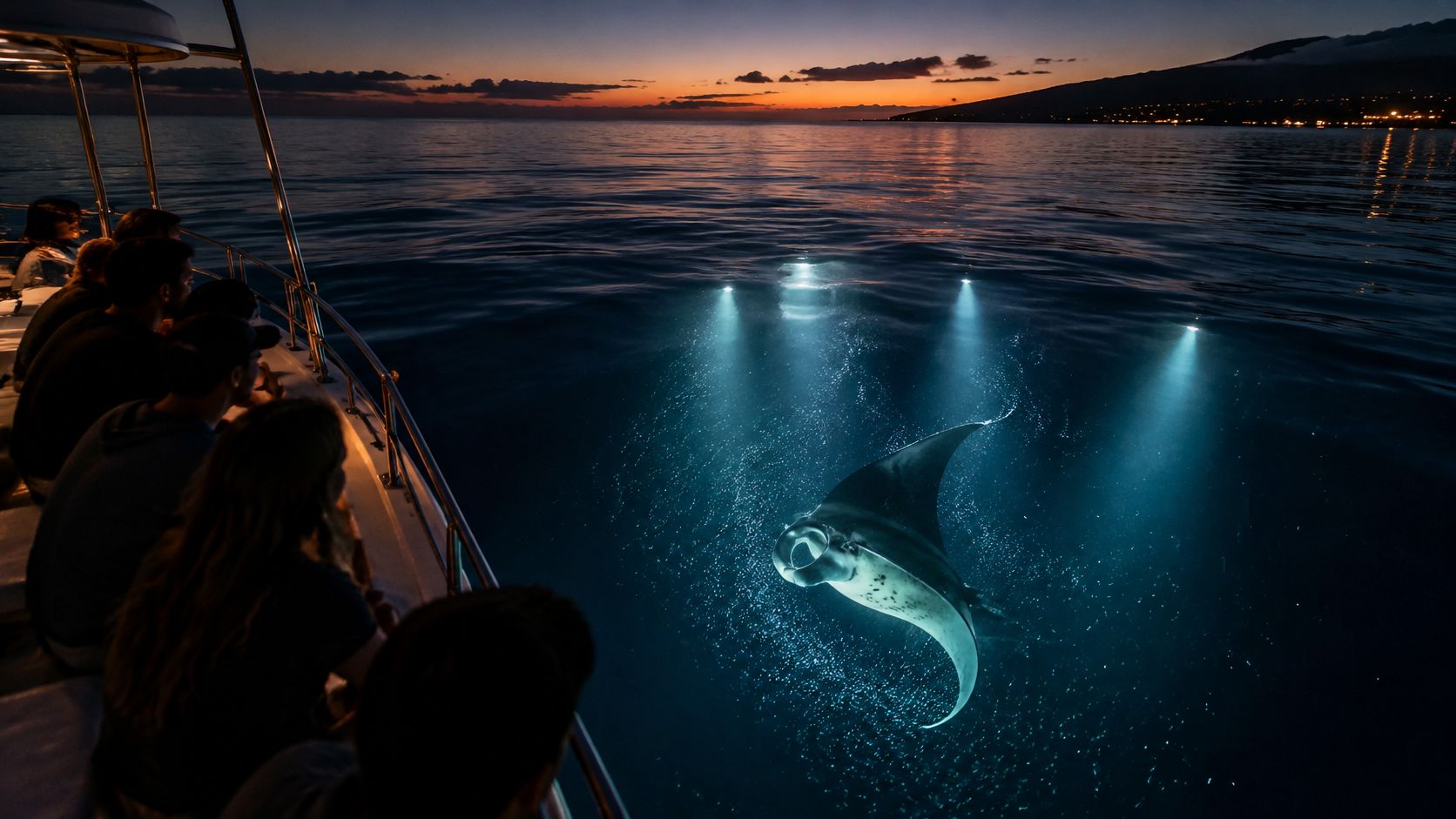 A majestic manta ray swimming in dark ocean water illuminated by bright underwater lights near a boat.