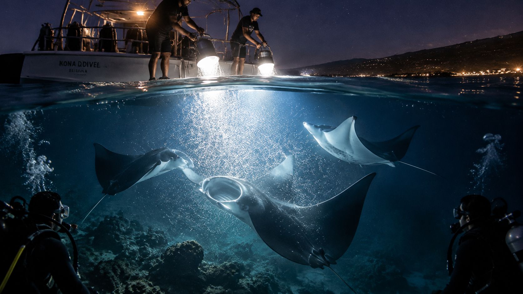 Scuba divers watch manta rays feeding under spotlights beneath a boat during a night dive in Hawaii.