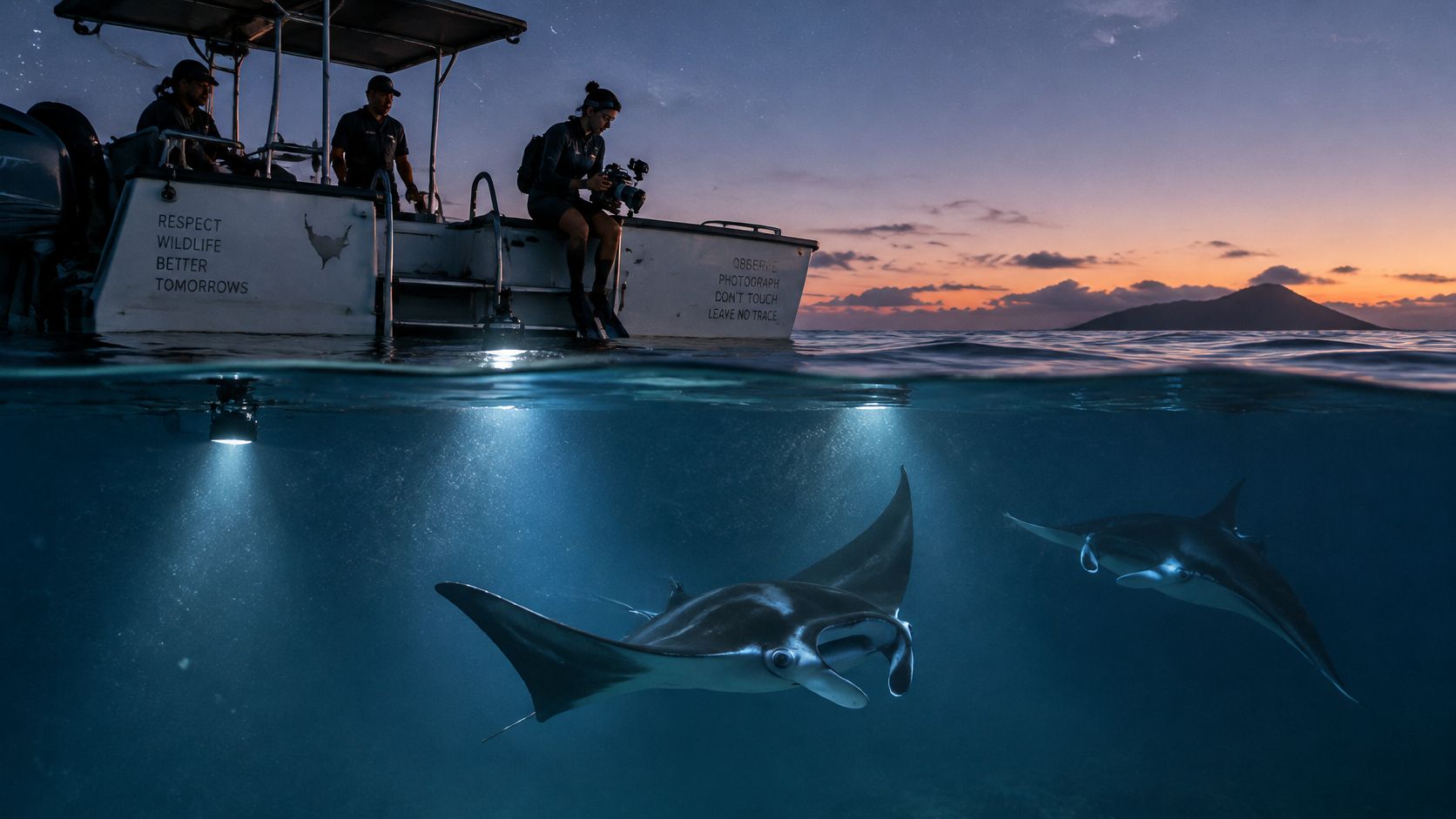 A photographer on a boat captures images of manta rays swimming underwater during a night dive.