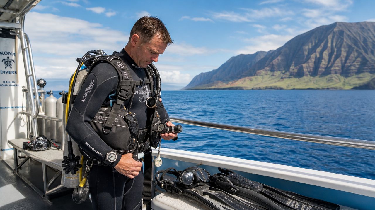A scuba diver on a boat preparing equipment in front of the scenic Hawaiian coastline.