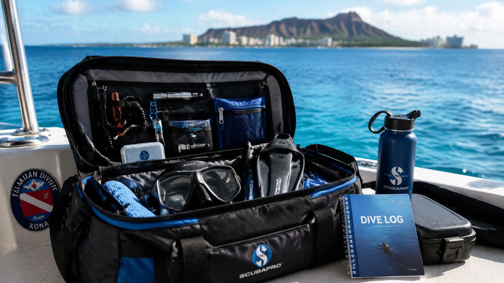 A black Scubapro dive bag filled with scuba gear, sitting on a boat with Hawaii's Diamond Head in background.