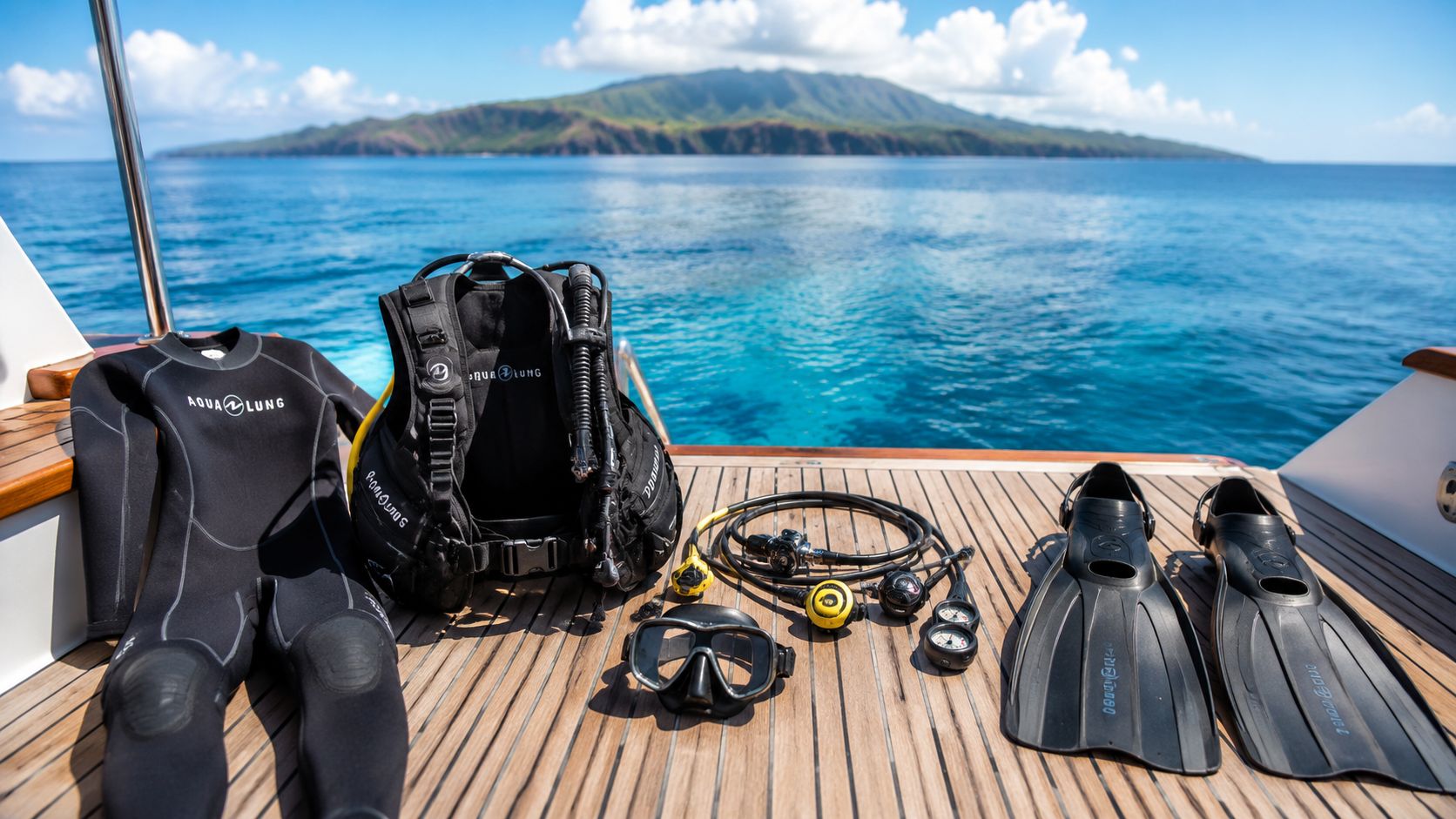 Scuba diving equipment including a wetsuit, BCD, fins, and regulator laid out on a boat deck.