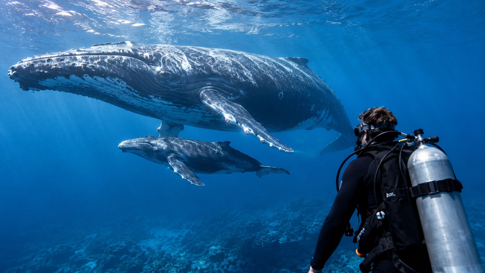A scuba diver swims underwater near a large humpback whale and her calf in the ocean.