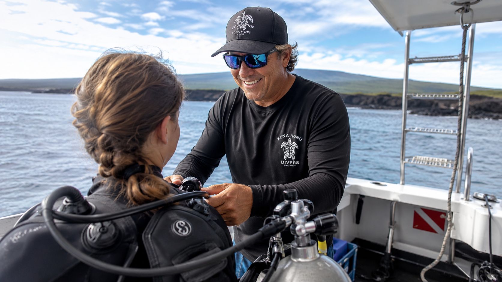 A professional dive instructor assists a woman with her scuba gear on a boat in Hawaii.
