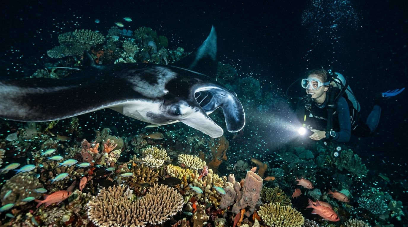 A scuba diver explores a vibrant coral reef at night while a majestic manta ray swims nearby.