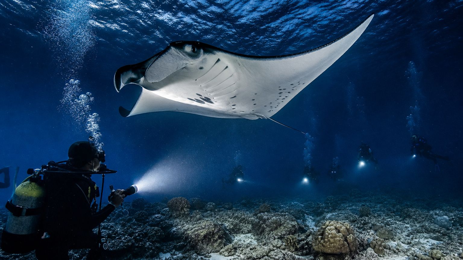 A group of scuba divers using flashlights while observing a giant manta ray in the deep ocean.