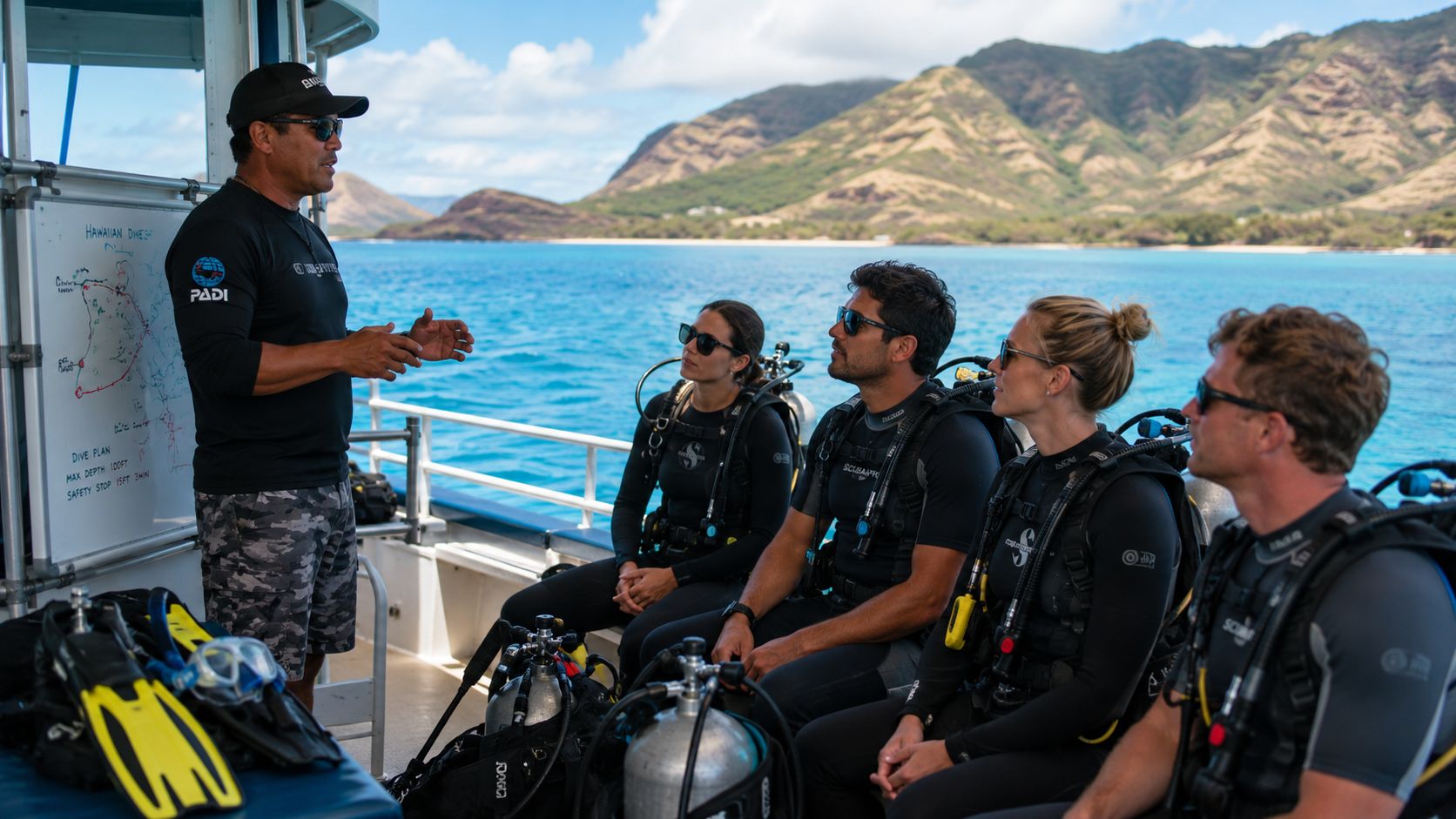 A scuba instructor briefing a group of divers on a boat in Hawaii with mountains in view.