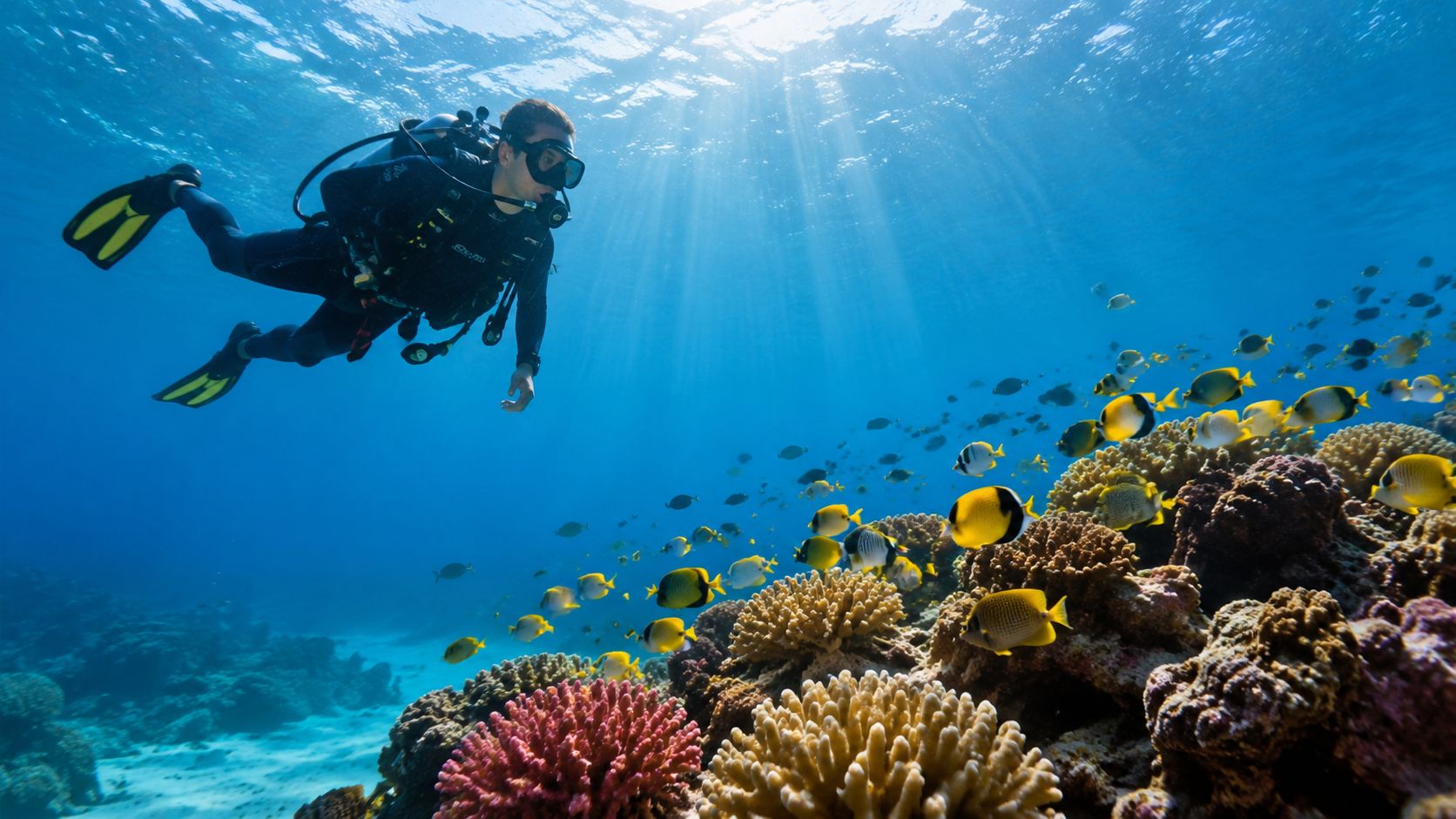 A scuba diver explores a vibrant coral reef filled with colorful tropical fish under bright ocean sunlight.