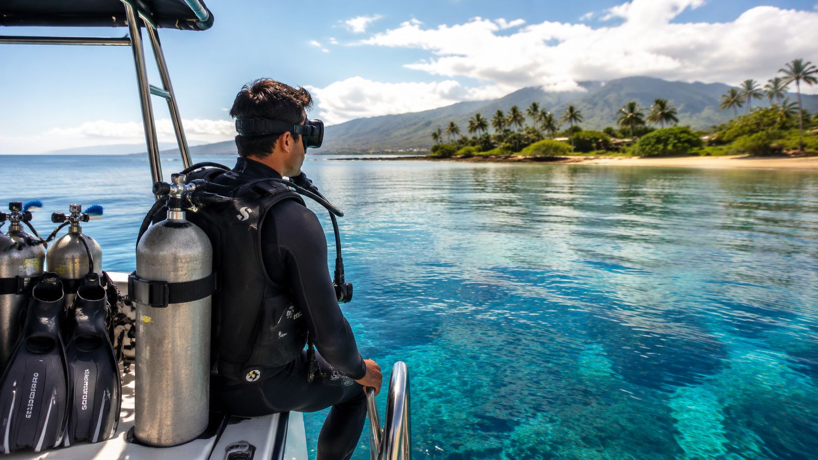 A scuba diver sits on the edge of a boat looking at a tropical coastline in Hawaii.