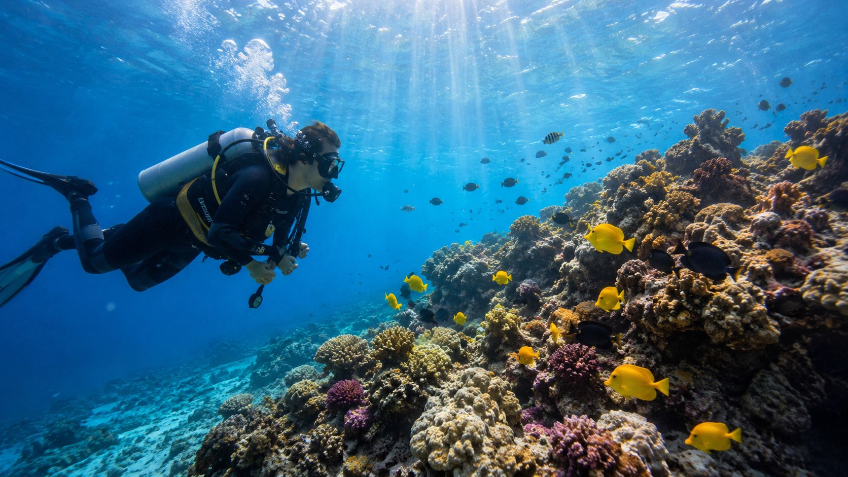 A scuba diver explores a vibrant coral reef filled with colorful tropical fish under bright sunlight