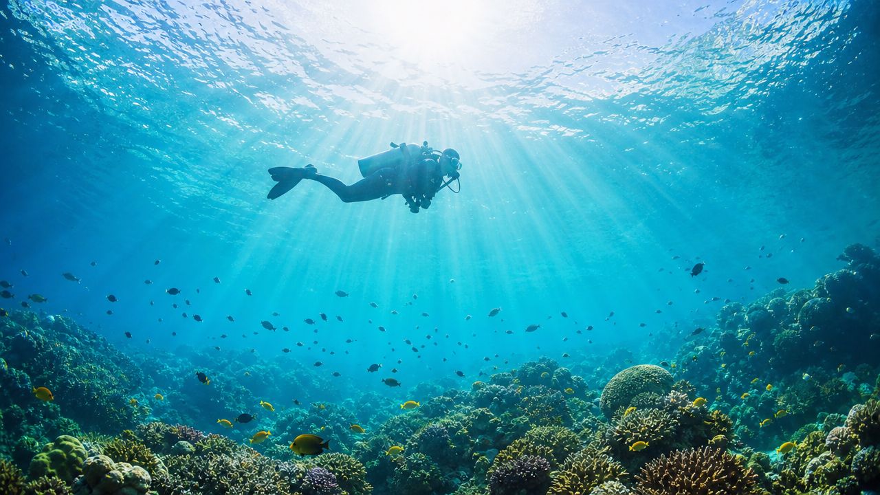 A scuba diver explores a colorful coral reef ecosystem under bright sunlight in the clear blue ocean.
