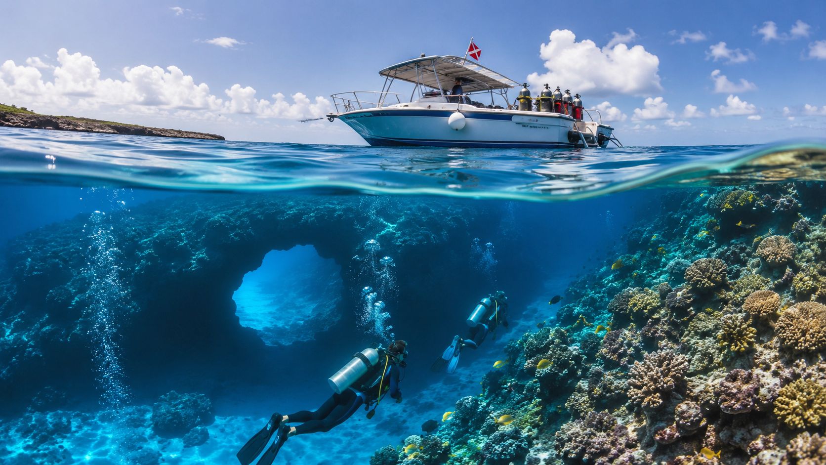 Scuba divers exploring a coral reef archway underwater while a boat waits on the ocean surface above.