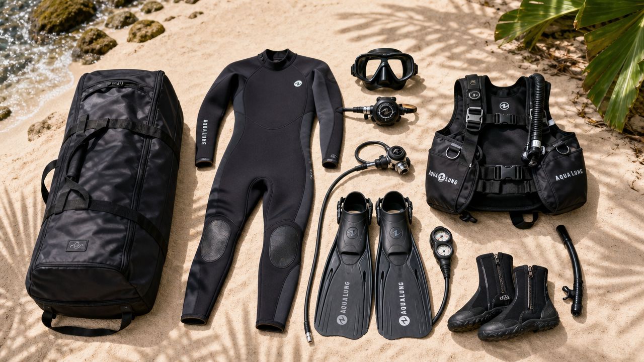 A complete set of black scuba diving gear including a wetsuit, BCD, fins, and mask on sand.