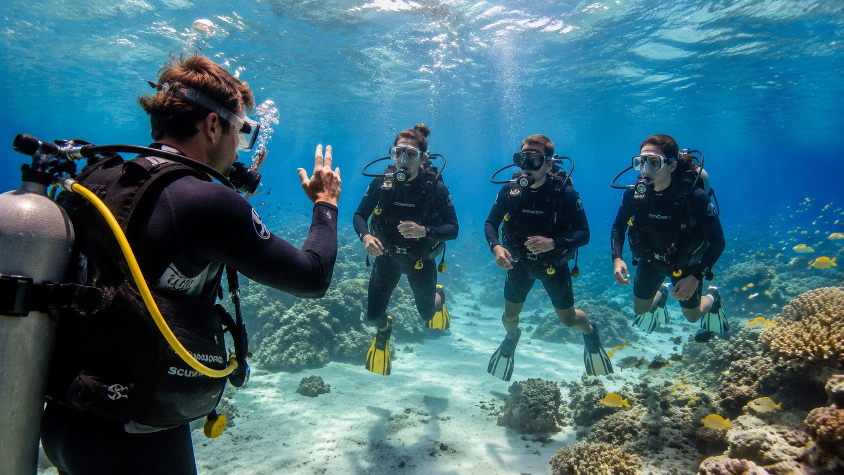 A scuba diving instructor teaches three students how to dive underwater in a sunny coral reef.