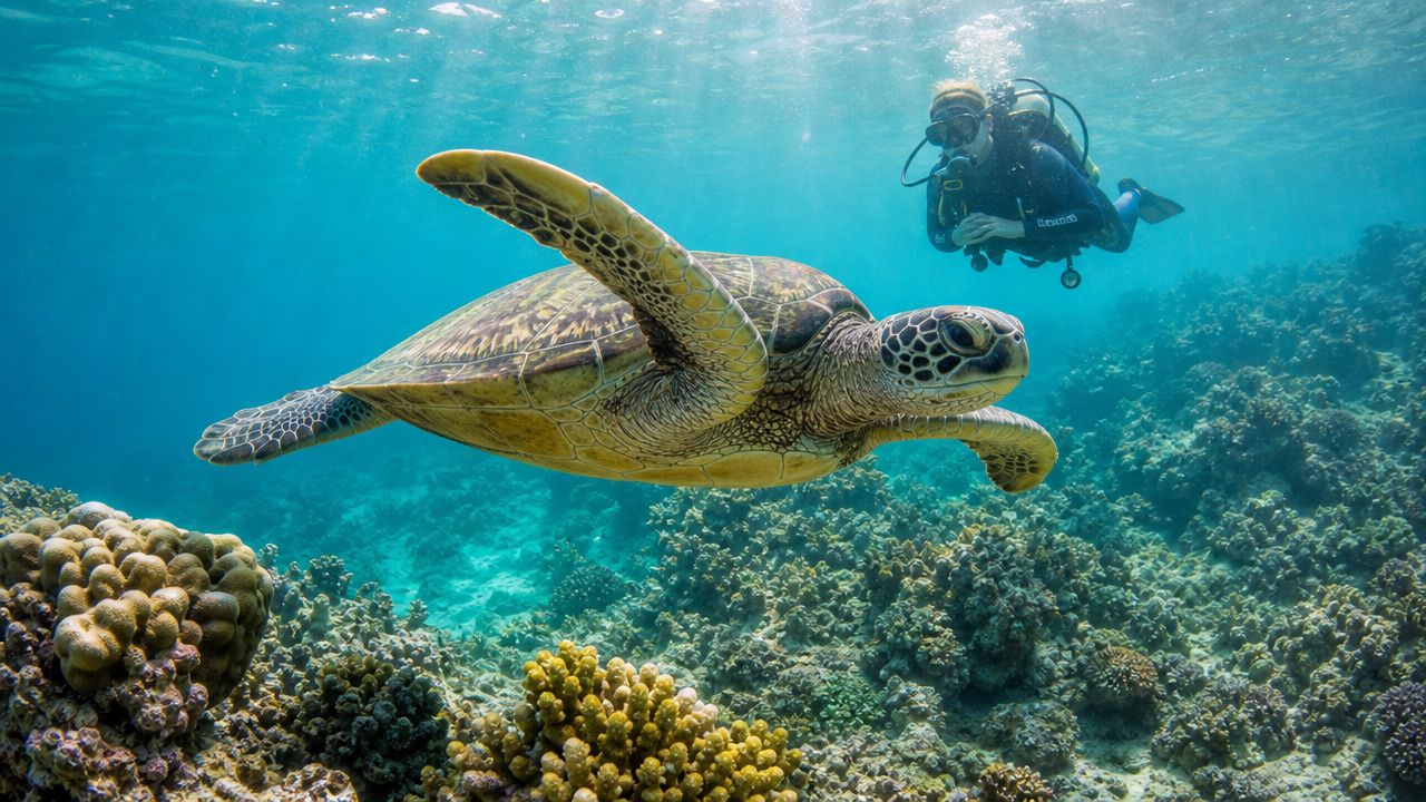 A scuba diver swims alongside a large green sea turtle over a vibrant coral reef in Hawaii.