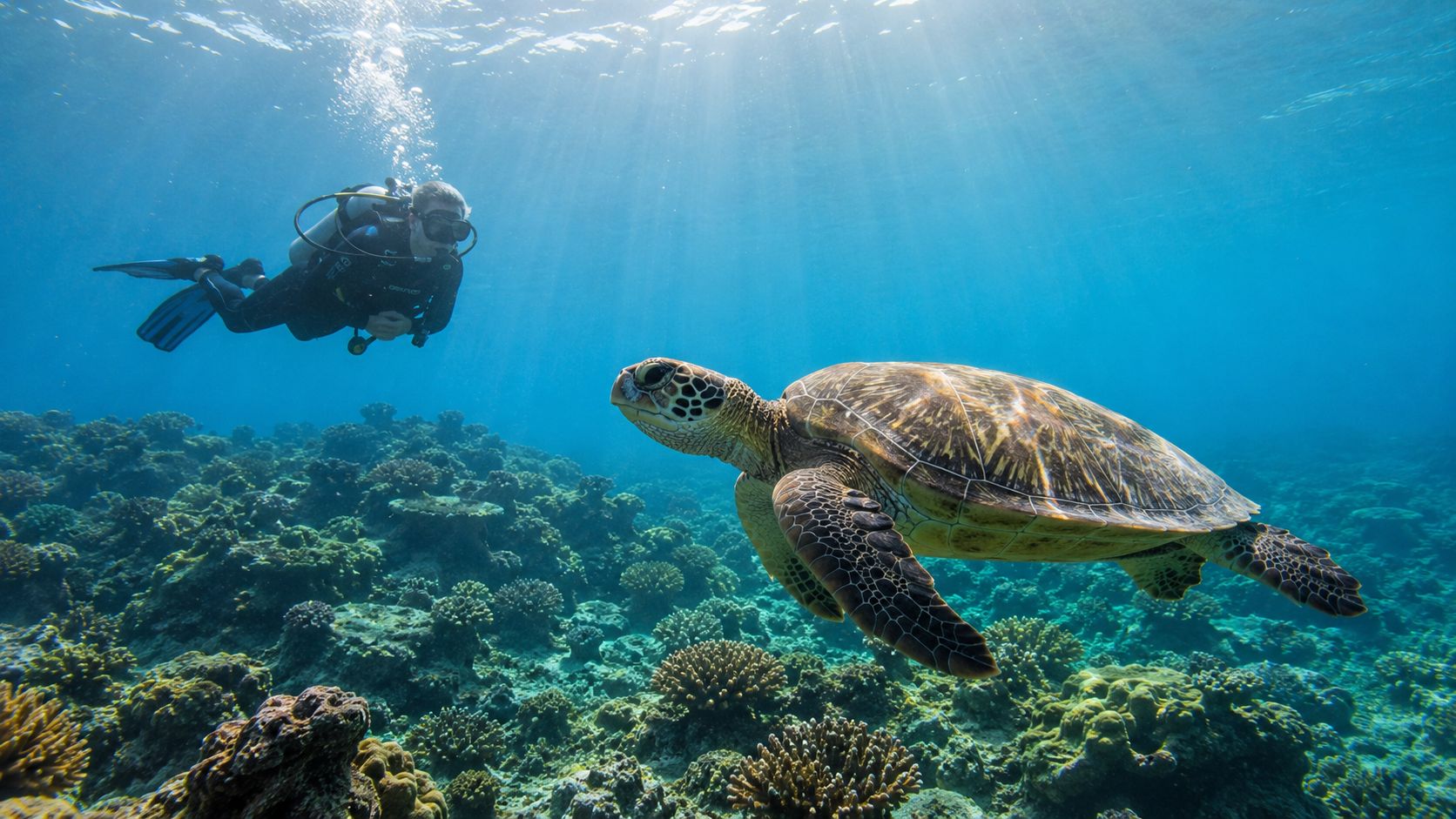 A scuba diver swims underwater alongside a large green sea turtle above a vibrant coral reef.
