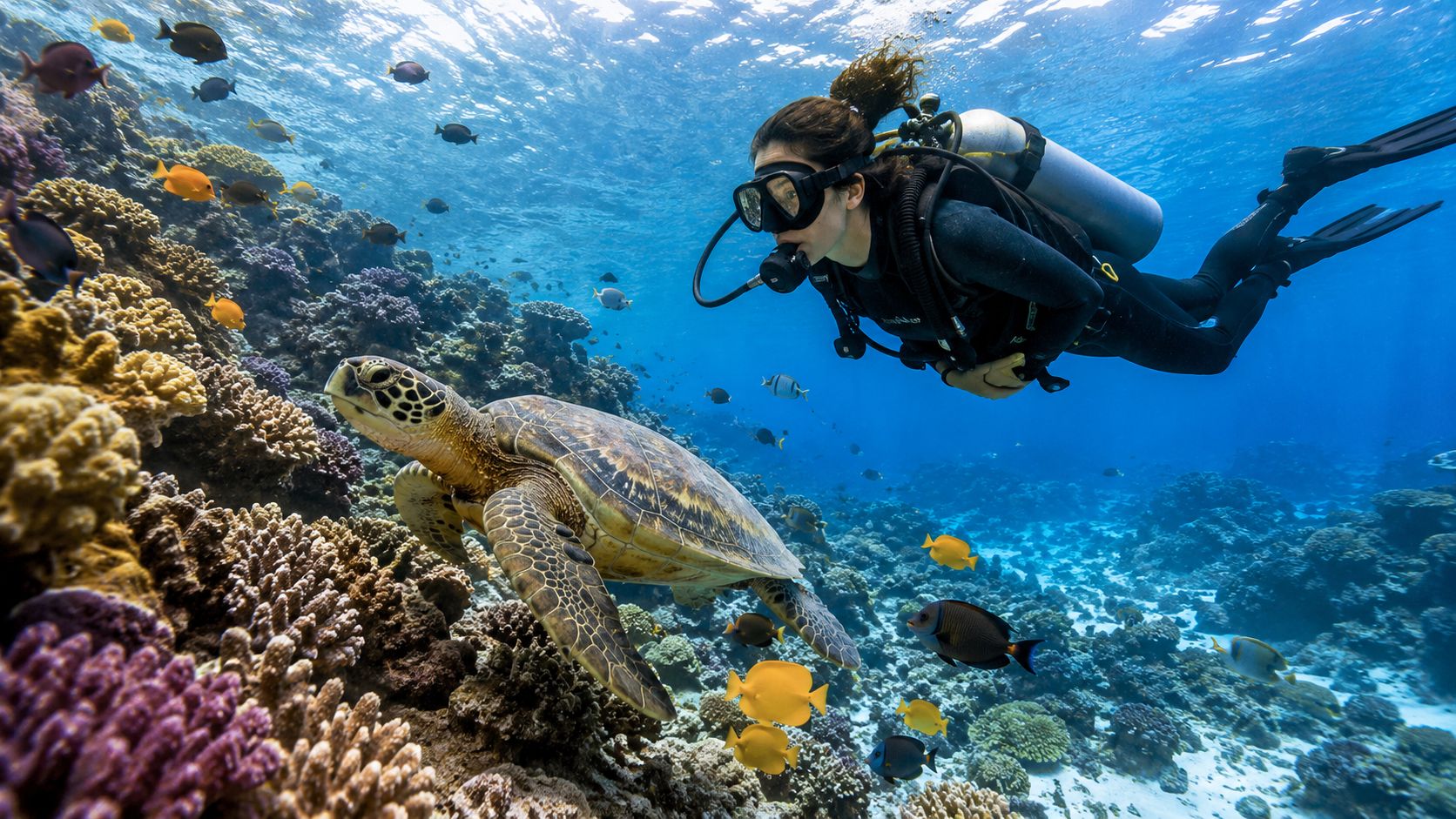 A scuba diver swims alongside a sea turtle near a vibrant coral reef in clear blue water.