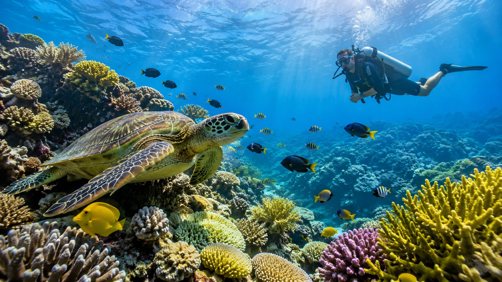 A scuba diver swims near a sea turtle and colorful tropical fish on a vibrant coral reef.