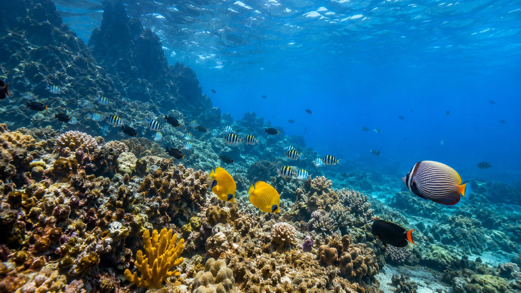 Vibrant tropical fish swim over a colorful coral reef in clear blue Hawaiian ocean waters.