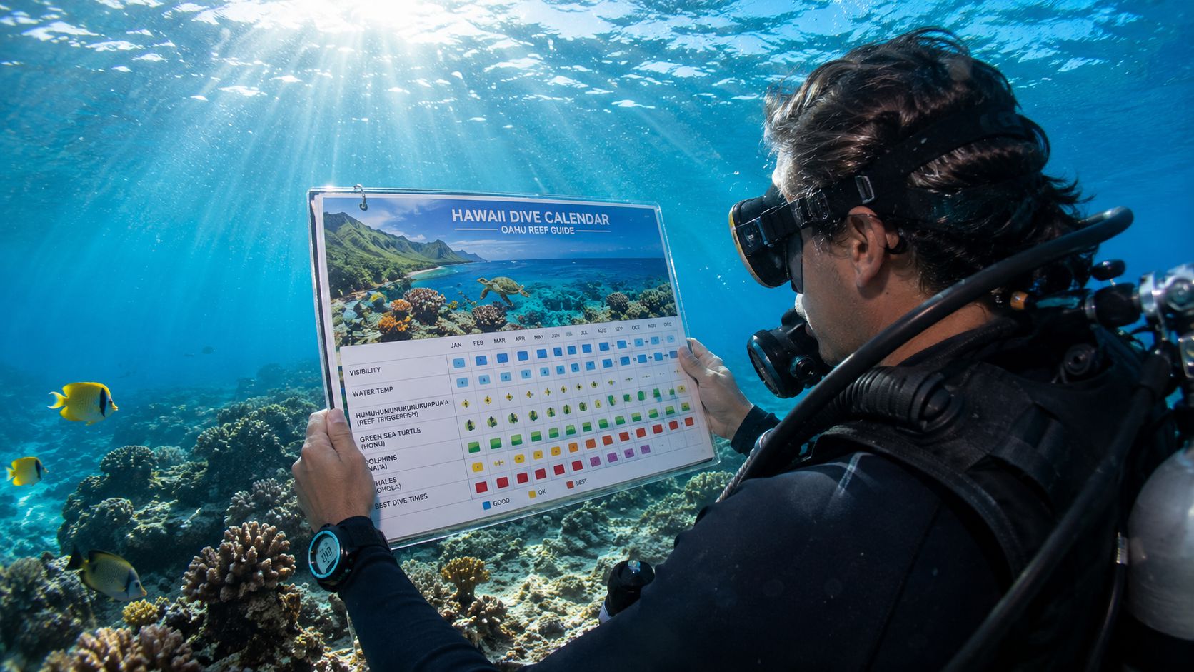 A scuba diver reading a Hawaii dive calendar guide underwater while surrounded by coral and fish.