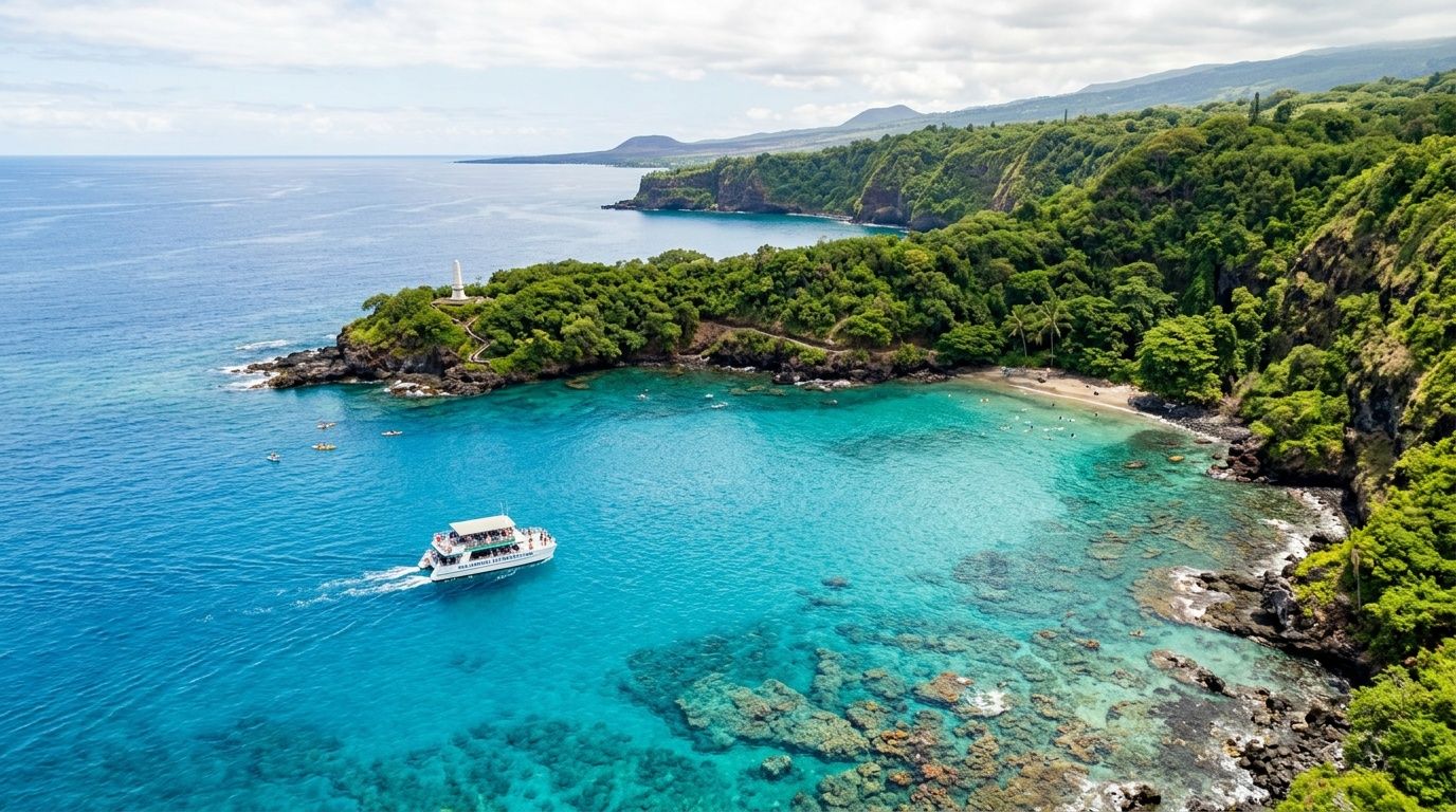 A boat touring the vibrant turquoise waters of Kealakekua Bay with lush green cliffs and the monument visible.