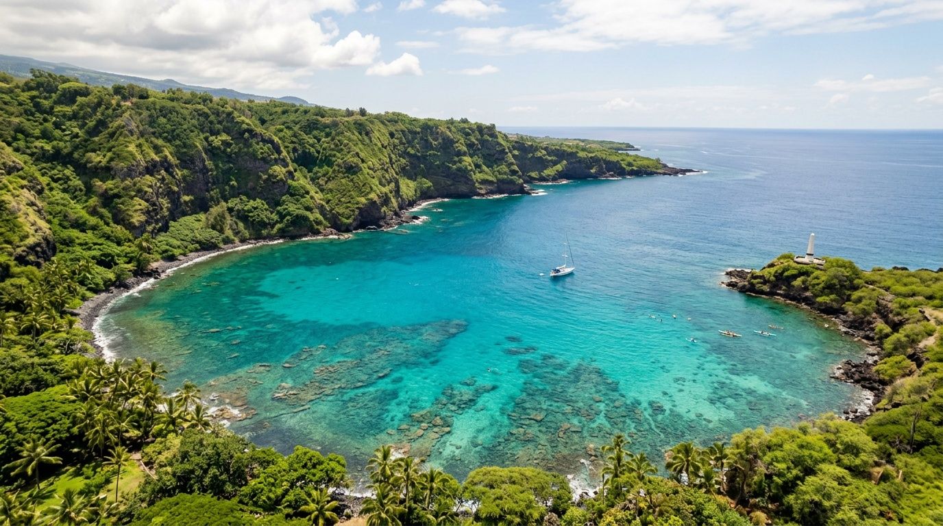 An aerial view of the turquoise waters at Kealakekua Bay with a sailboat and rocky cliff coastline.