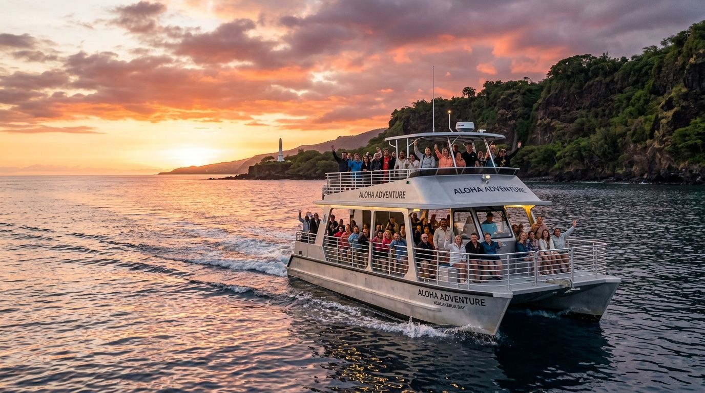 A group of people enjoying a sunset boat tour on a catamaran at Kealakekua Bay, Hawaii.