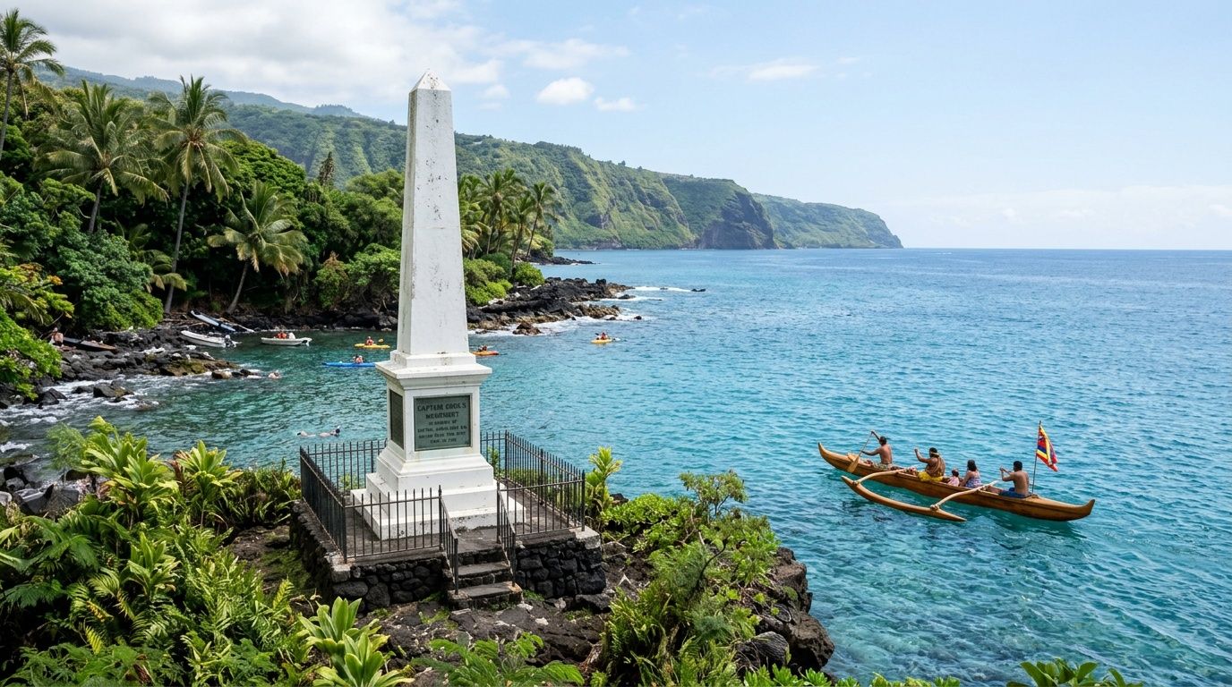 The Captain Cook Monument standing on the rugged shore of Kealakekua Bay with people paddling a traditional outrigger canoe.