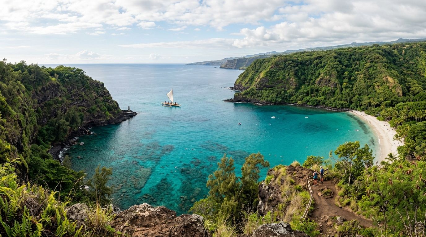 A scenic high-angle view of the turquoise waters at Kealakekua Bay with a traditional canoe sailing.