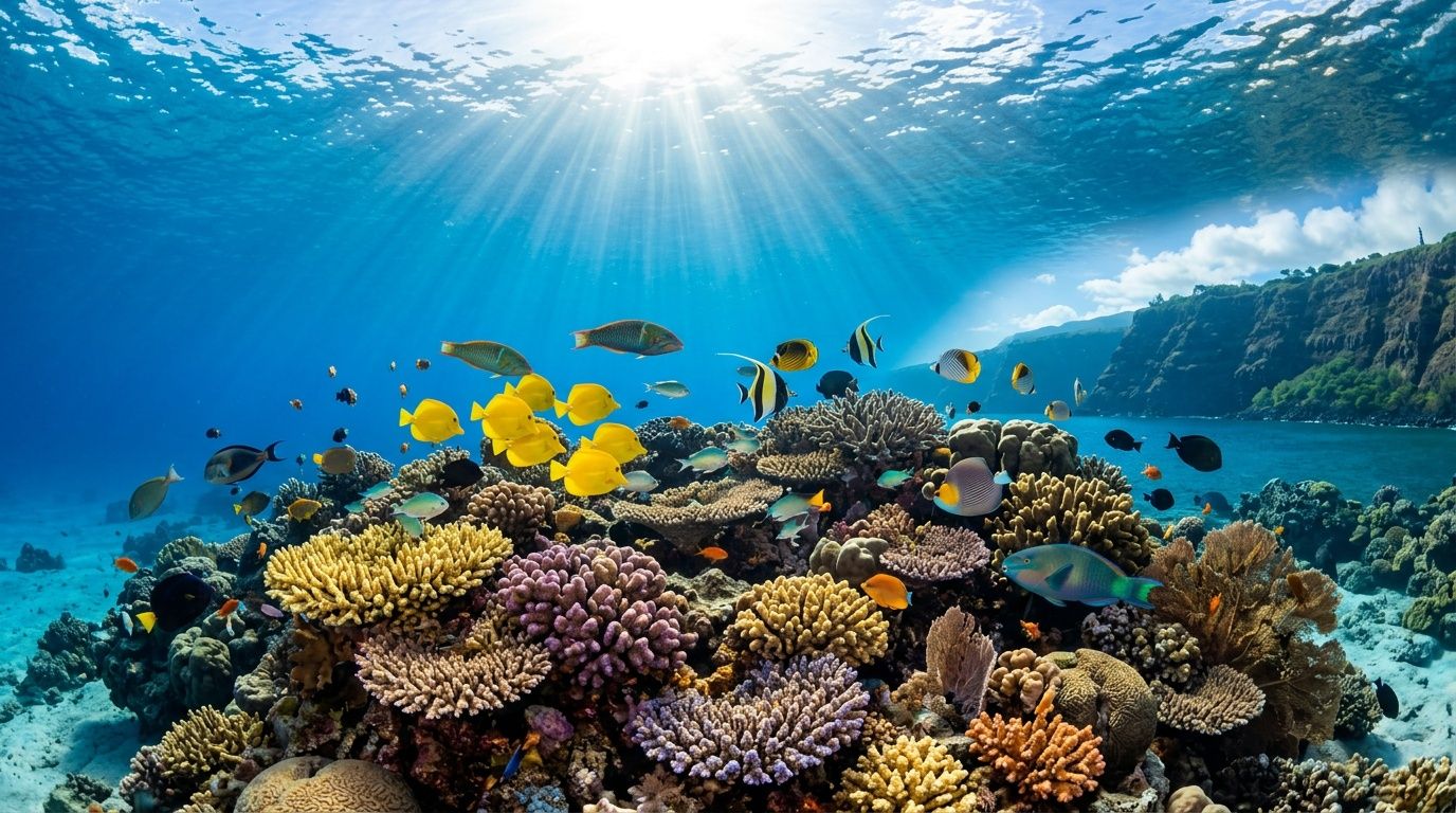 Vibrant coral reef in Kealakekua Bay with tropical fish swimming in clear blue Hawaiian waters.