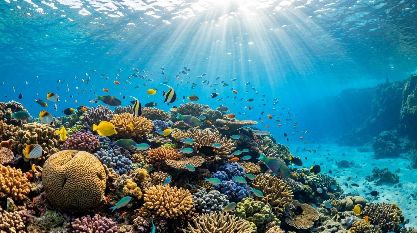 A vibrant coral reef ecosystem teeming with colorful tropical fish swimming in clear blue ocean water.
