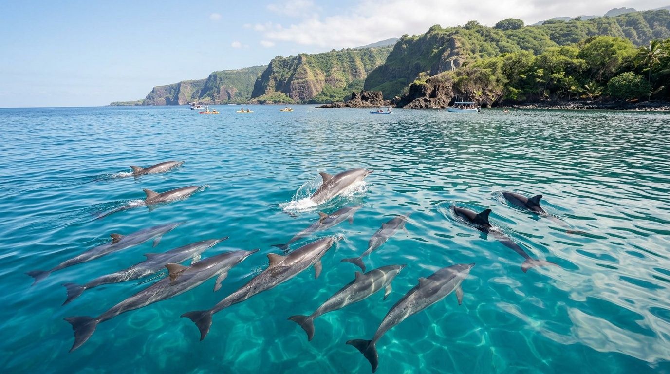A large pod of dolphins swimming through clear turquoise water near the lush green cliffs of Hawaii.