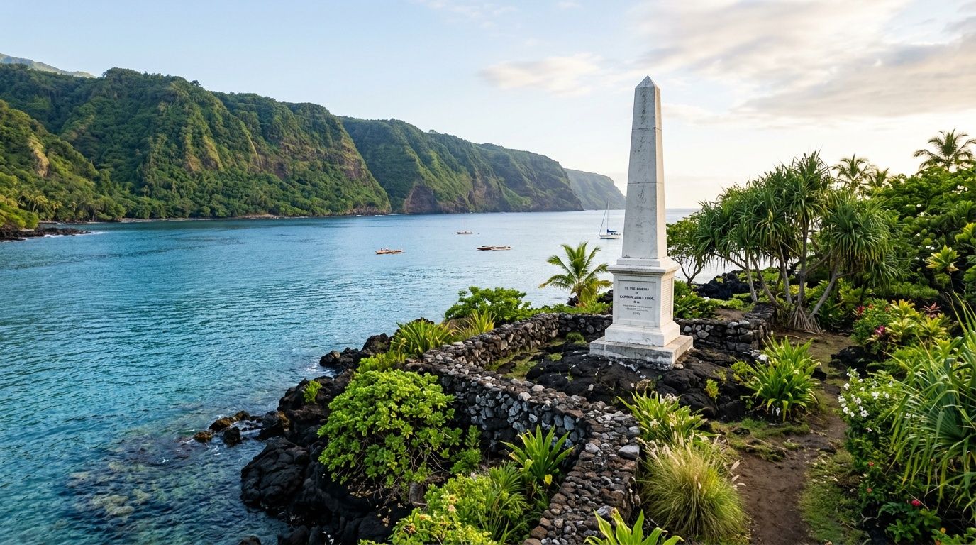 The Captain Cook monument stands on the rocky coastline overlooking the tranquil blue waters of Kealakekua Bay.