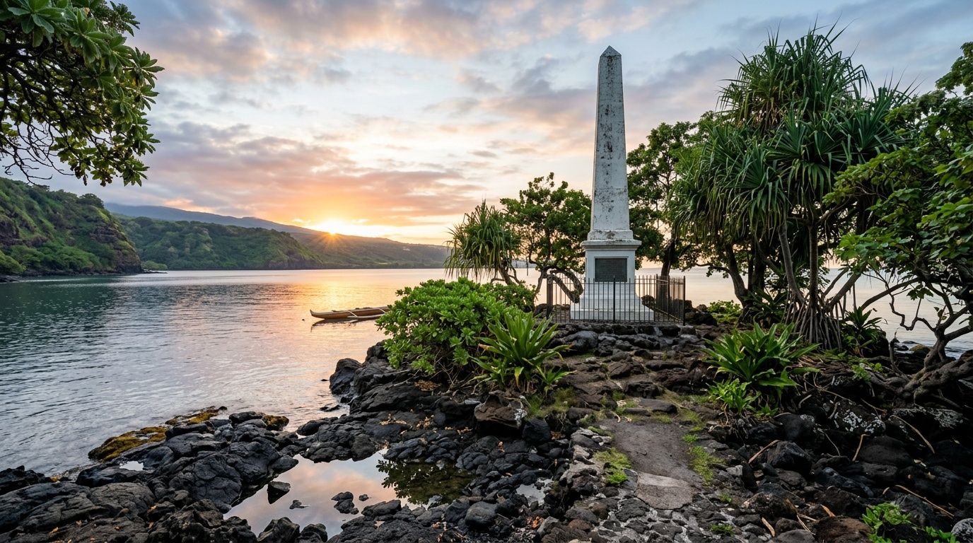 Captain Cook Monument standing on a rocky shore at Kealakekua Bay during a beautiful golden sunrise.
