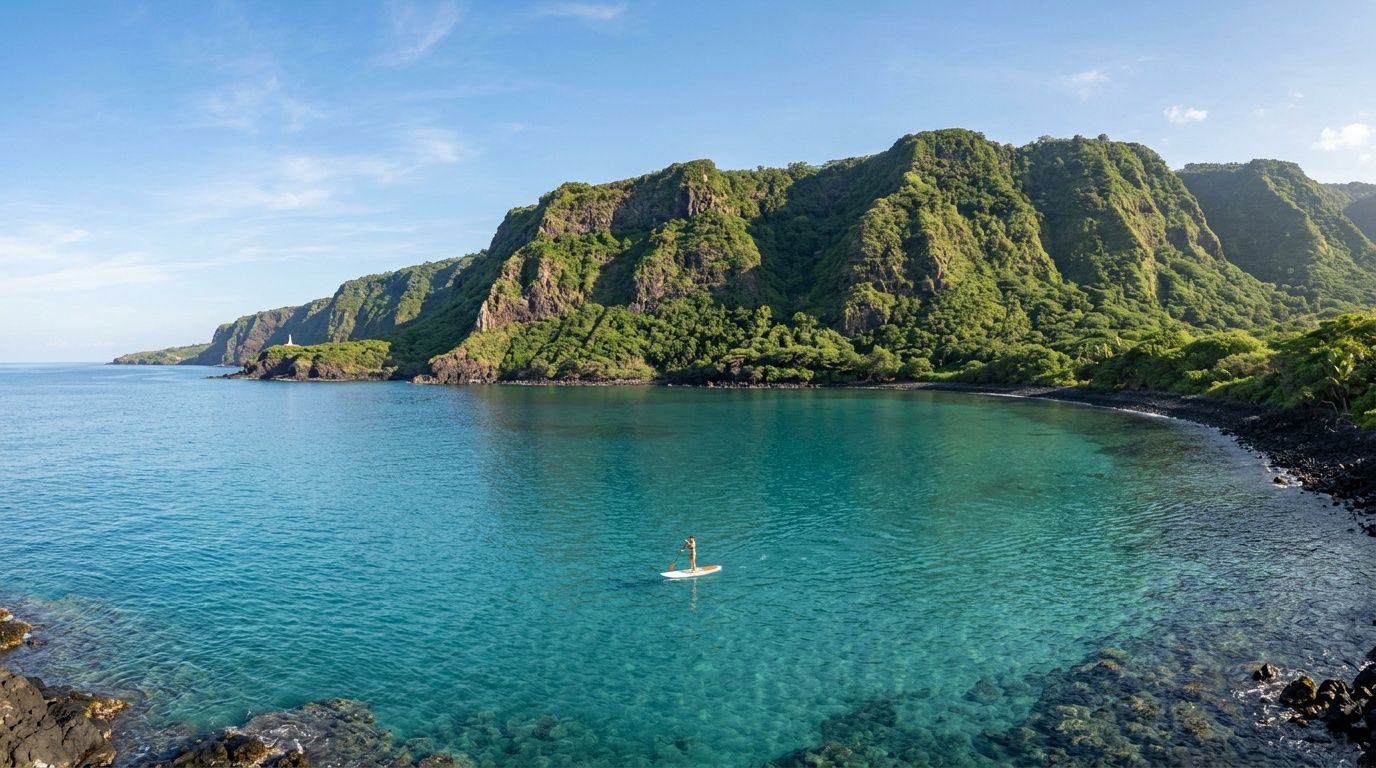 A person paddleboarding on the turquoise water of Kealakekua Bay with lush green coastal cliffs behind.