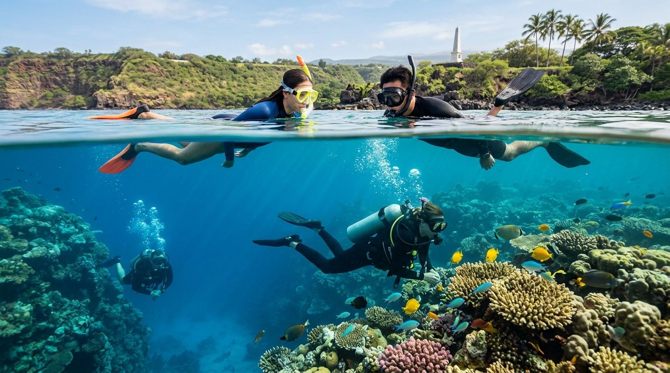 Scuba divers and snorkelers explore the vibrant coral reefs at Kealakekua Bay in Kona, Hawaii.