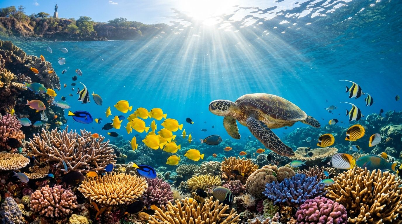 A sea turtle swims in the vibrant, sunlit waters of Kealakekua Bay near a colorful coral reef.