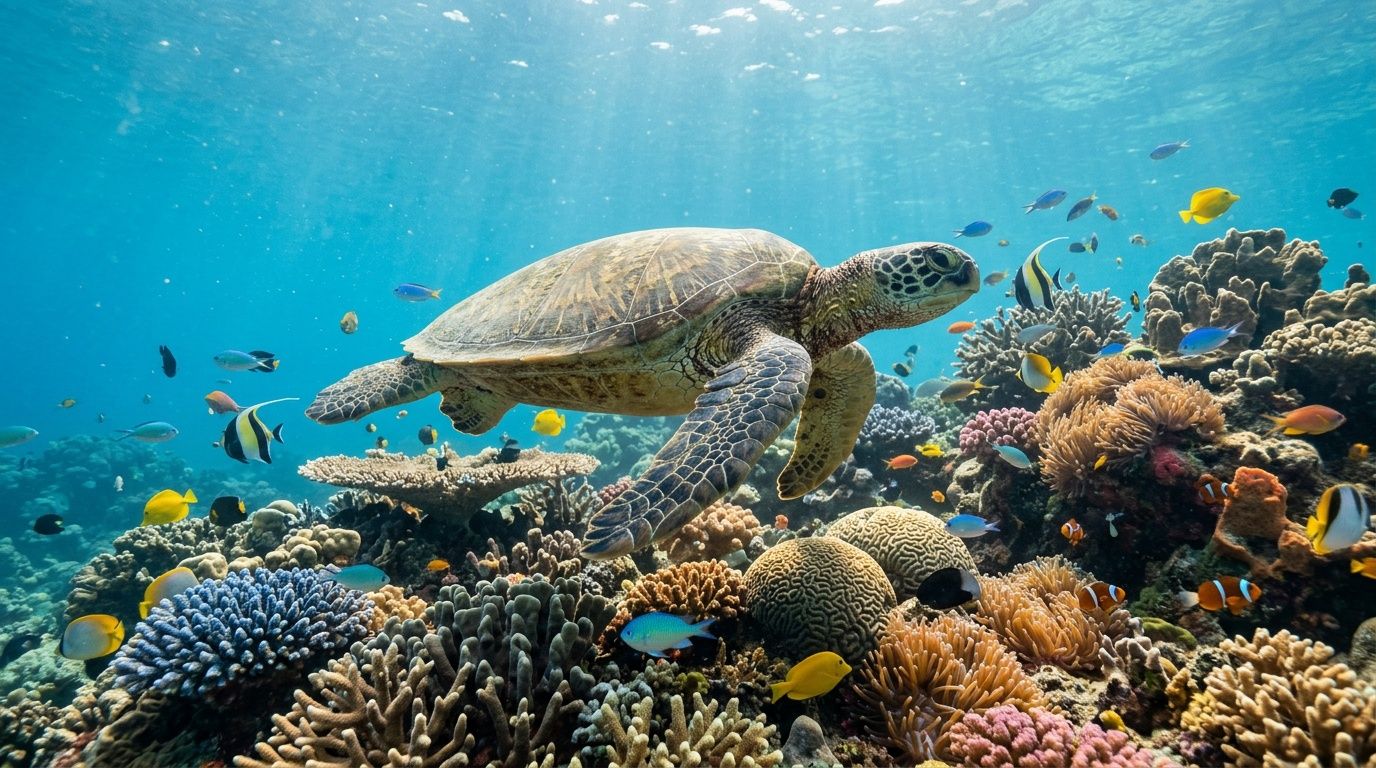 A sea turtle swimming gracefully through the vibrant and colorful coral reefs of Kealakekua Bay.
