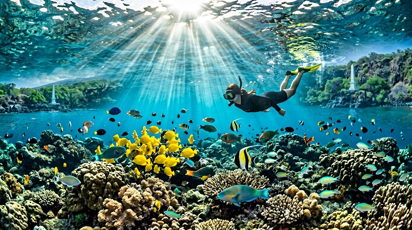 A snorkeler swims in the crystal clear, sunlit waters of Kealakekua Bay near the Captain Cook monument.