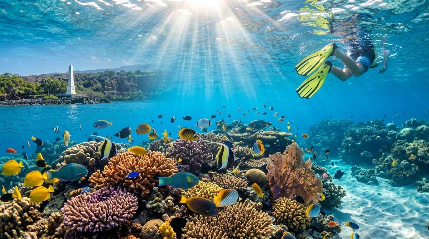 A snorkeler swims over a vibrant coral reef in Kealakekua Bay with a monument visible on shore.