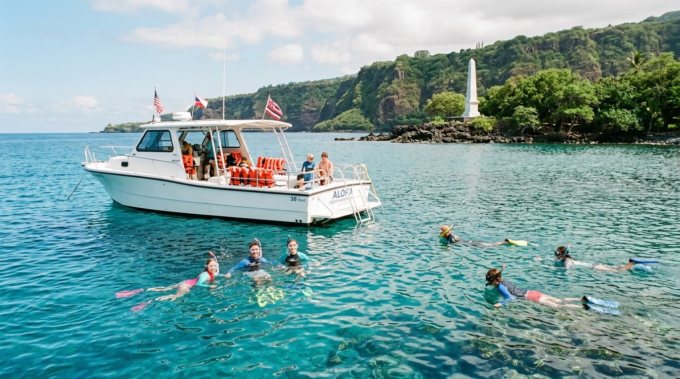 A group of people snorkeling in the clear blue waters of Kealakekua Bay near a tour boat.