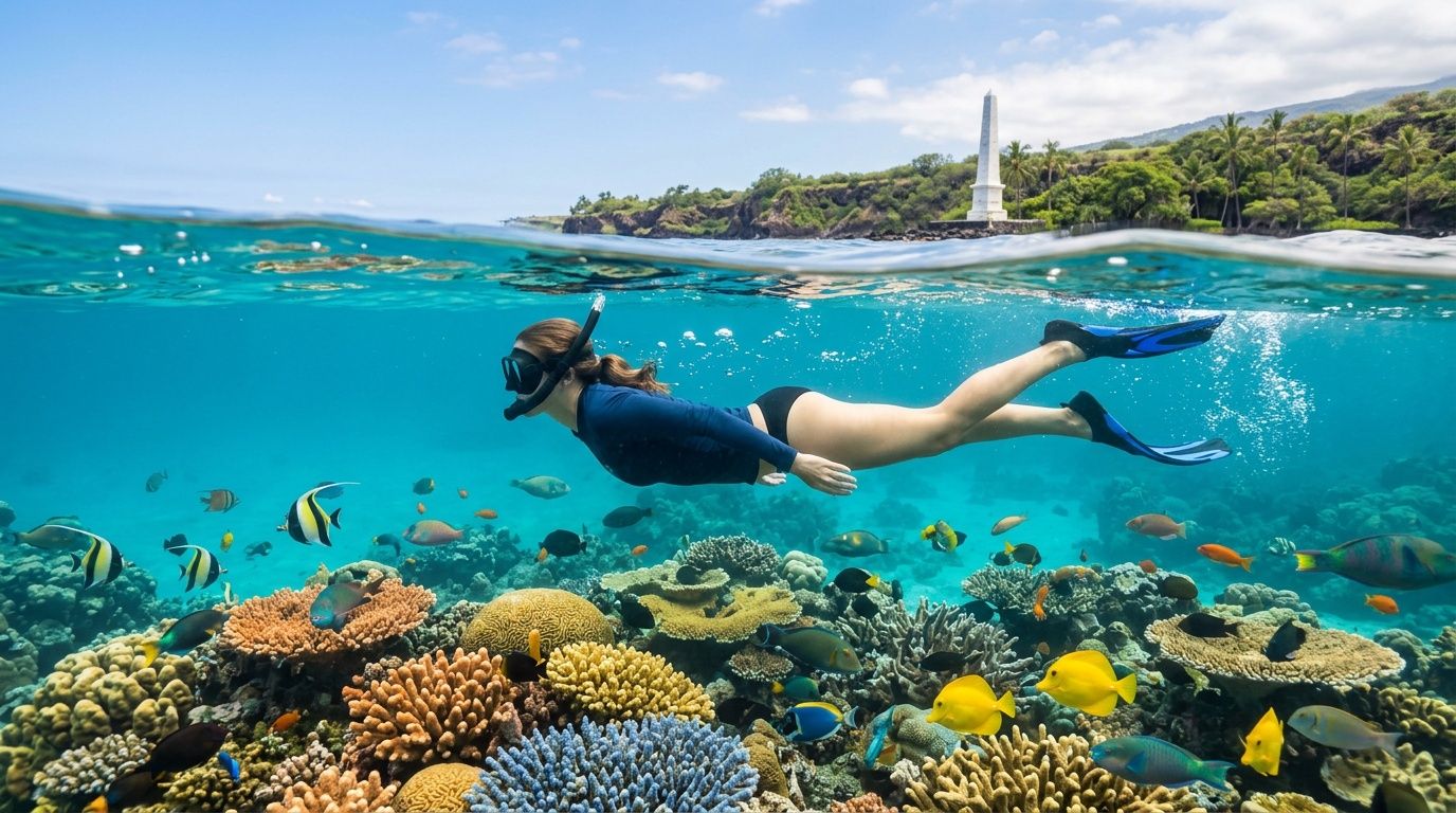 A snorkeler swims above a vibrant coral reef in the crystal-clear waters of Kealakekua Bay, Hawaii.