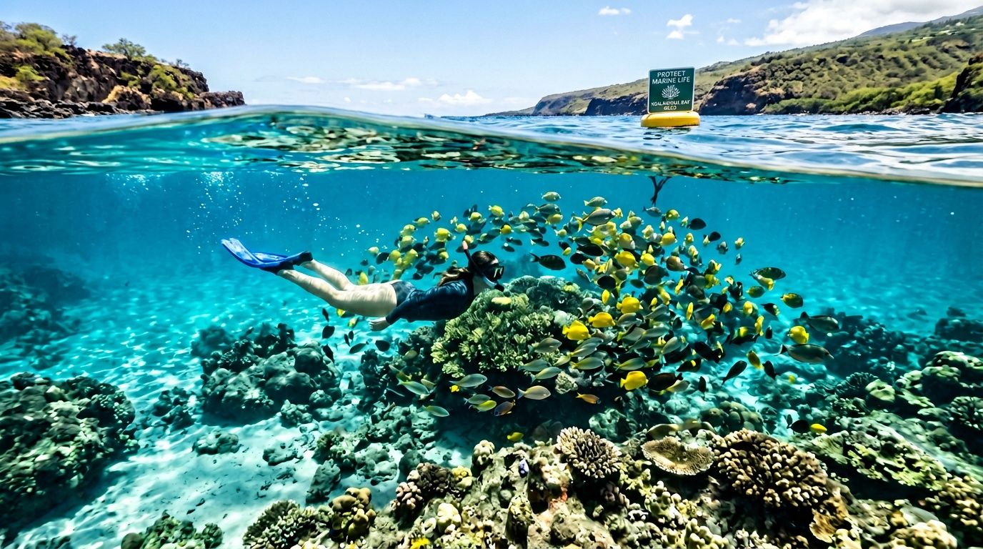 A snorkeler swims near a coral reef with a large school of fish at Kealakekua Bay, Hawaii.