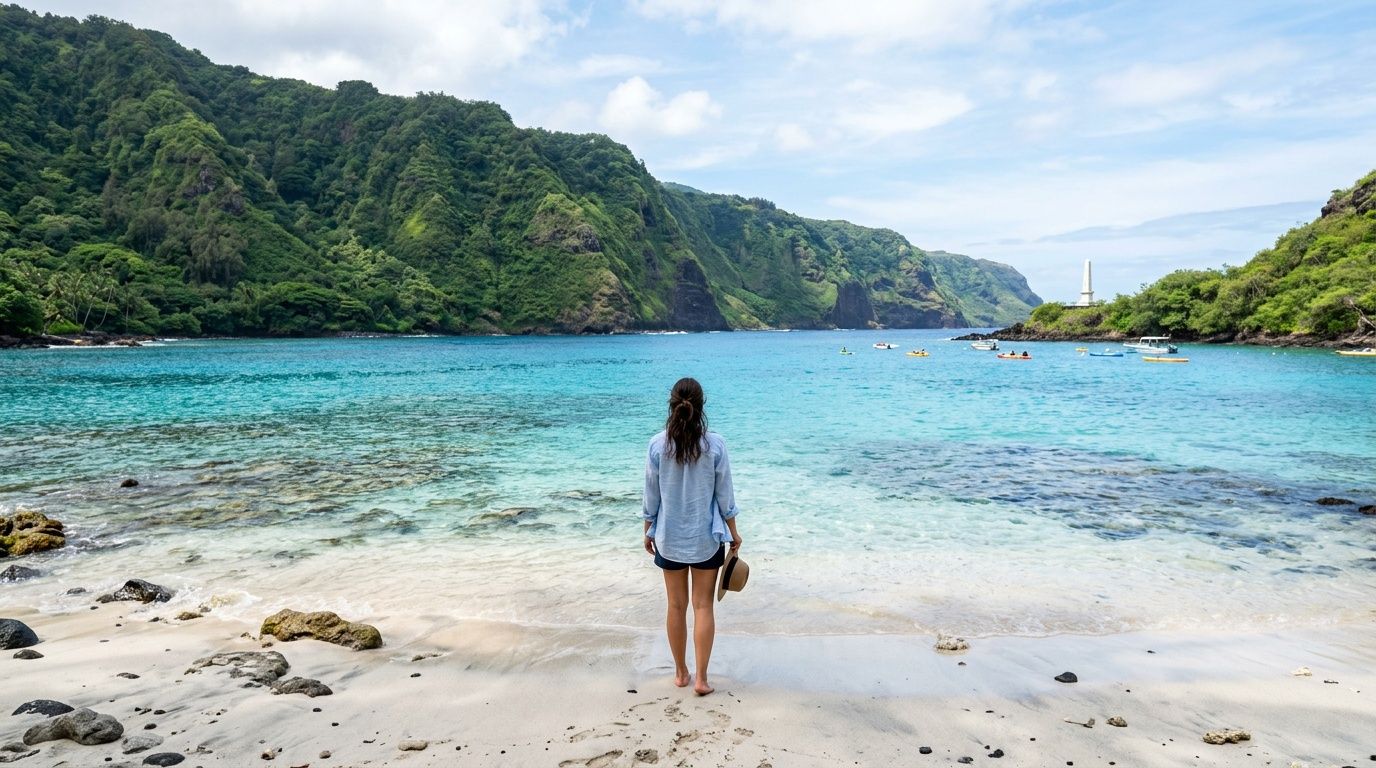 A woman stands on a sandy beach looking out at the turquoise waters of Kealakekua Bay, Hawaii.