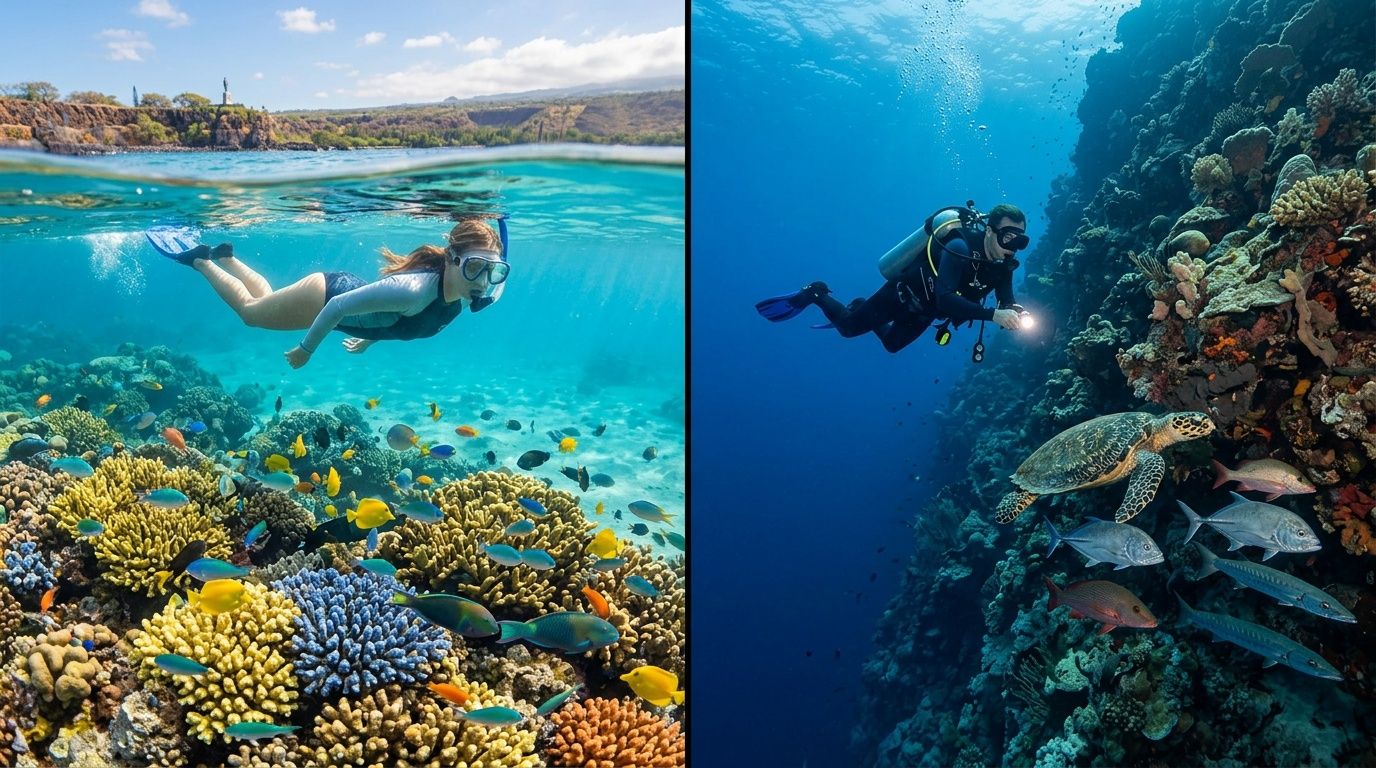 A split-view image showing a snorkeler near the surface and a scuba diver exploring a coral reef.